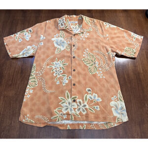 Tommy Bahama Orange Silk Floral Hawaiian Shirt Mens Large Coconut Buttons